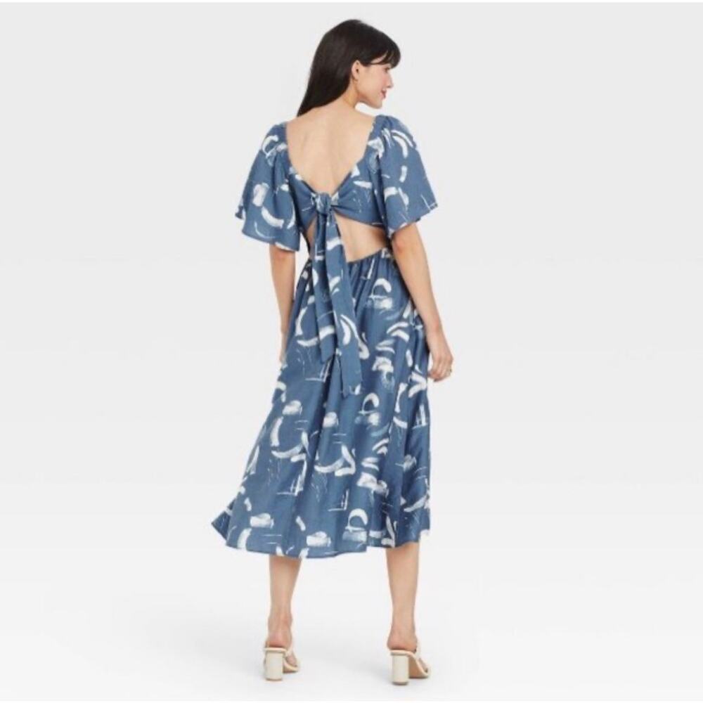 A New Day Blue Abstract Midi Dress | Size L | Open Back Tie - Picture 1 of 14